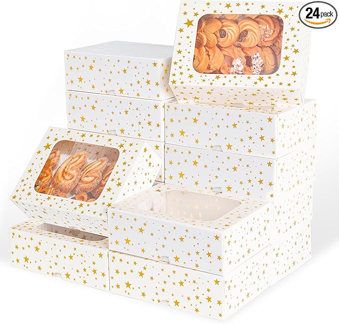 24Pcs Christmas Cookie Boxes with Window - Gold Foil Star Pastry Boxes for Gift Giving, Bakery Boxes, White Christmas Cookie Tins with Lids,Dessert, Donut, Baked Goods Packaging