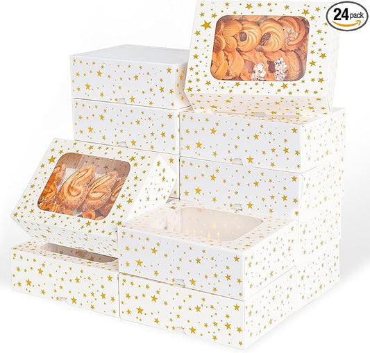 24Pcs Christmas Cookie Boxes with Window - Gold Foil Star Pastry Boxes for Gift Giving, Bakery Boxes, White Christmas Cookie Tins with Lids,Dessert, Donut, Baked Goods Packaging