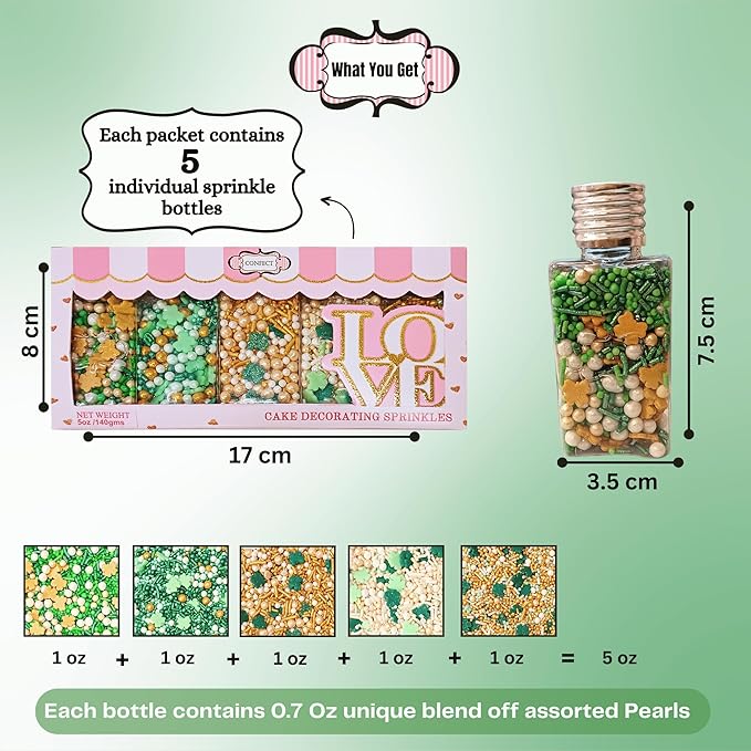 Confect Edible Sprinkles Mix Pack of 5 (5 oz) – Green, Gold & White Sprinkles for Baking – Cake, Cupcake & Cookie Decorations for St. Patrick’s Day, Birthdays & Celebrations | Vegan, Gluten-Free, Nut-Free, Soy-Free, Dairy-Free, Palm Oil-Free - 5 Oz