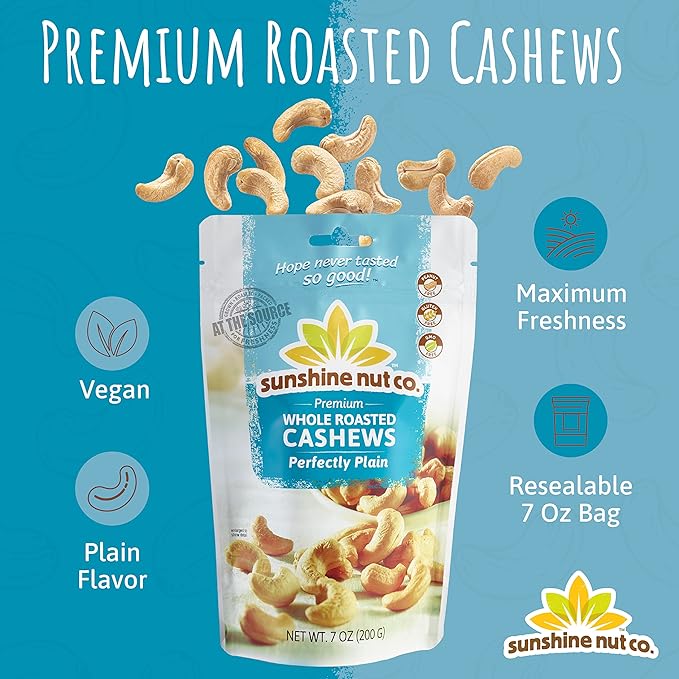 Sunshine Nut Company Whole Roasted Cashews, Perfectly Plain Flavor, No Added Salt, 4 Pack, 7 oz. Each, Gluten Free, Peanut Free and Vegan Individual Snack Packs for Kids and Adults, GMO Free