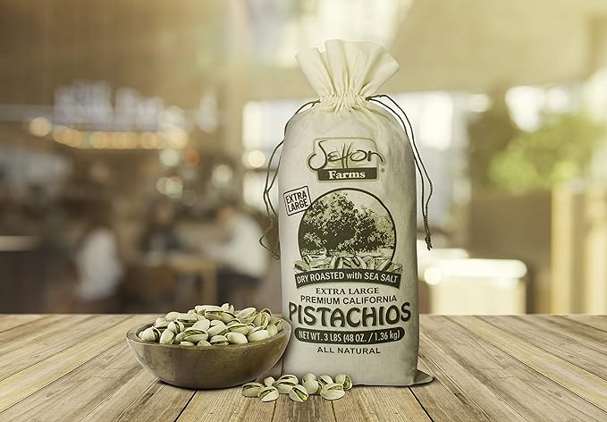 Setton Farms Pistachios, Dry Roasted and Salted Pistachios, Extra Large Premium California Pistachios, In Shell Pistachios, 3lb Burlap Gift Bag, 48 oz, Certified Non-GMO, Gluten Free, Vegan and Kosher
