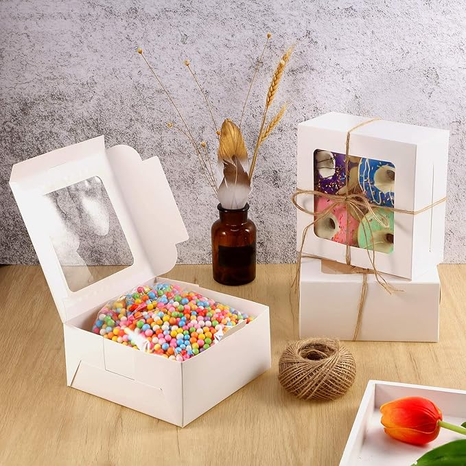 50 Pieces Bakery Box with Window Cookie Boxes Mini Kraft Boxes Gift for Pastries, Candy, Pie, Cupcakes, Soap Packaging for Homemade Soap(White,6.3 x 6.3 x 3 Inch)