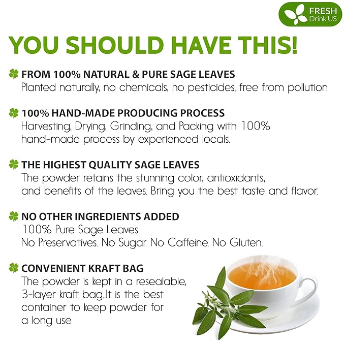 FreshDrinkUS, Sage Leaf Powder 4oz – Premium Culinary Herb, Pure Ground Sage Leaves for Cooking, Baking & Herbal Infusions – Resealable Pouch