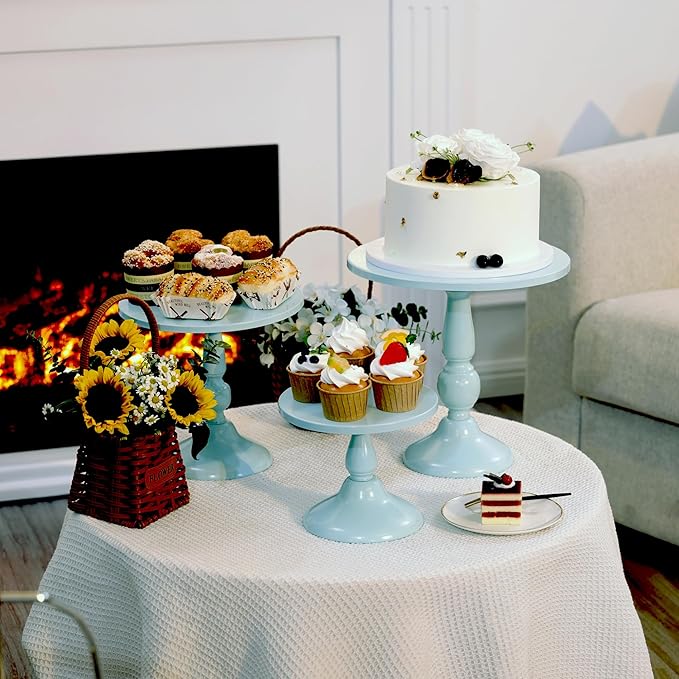 Set of 3 Blue Cake Stands, Metal Round Cake Holder Dessert Pie Pizza Display Stand 8" 10" 12" Serving Tray Decoration for Wedding Celebration Party Birthday Baby Shower