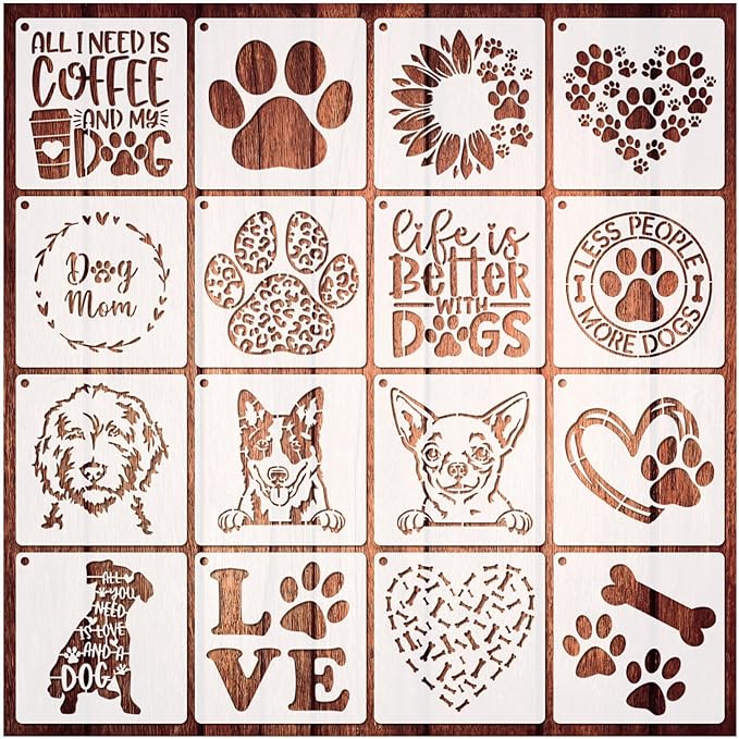 16 Pieces Dog Stencils Dog Paw Stencil for Painting on Wood Reusable Painting Templates for DIY Crafts Scrapbook Sign Shirt Canvas (16 Dog)