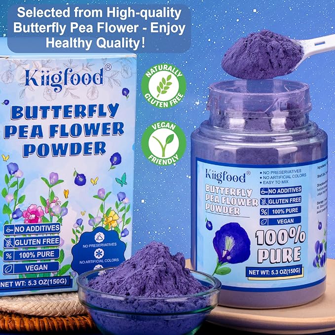 Butterfly Pea Flower Powder - Kiigfood 5.3 oz/150g Pure Natural Blue & Purple Food Coloring, Butterfly Pea Powder for Drinks, Smoothies, Cocktail, Christmas Baking, Pasta - Vegan, Gluten-Free, Non-GMO