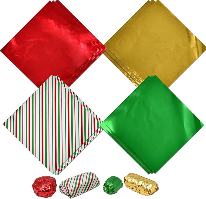 Gift Boutique Chocolate Candy Wrappers Aluminum Tin Foil Wrapping 600 Pieces Packaging Decoration 4 Xmas Printed Color Wrapper Papers for Holiday Baking Homemade Food Party Favor 4 x 4 Inches Square