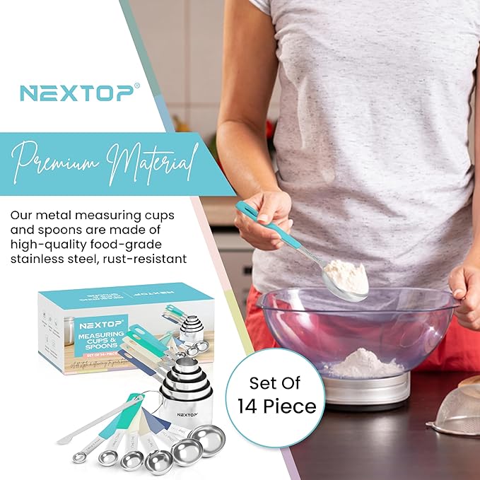 Nextop 14-Piece Stainless Steel Measuring Cups and Measuring Spoons Set with All Stackable Sizes and Leveler for Dry Ingredients, Complete Set for Kitchen & Baking Measuring Tools (Aqua Sky Blue Set)