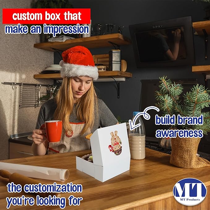 MT Products Custom Printed Bakery Boxes - 9" x 9" x 5" White Customizable Cake, Cookie and Pie Boxes with Logo - Made in the USA