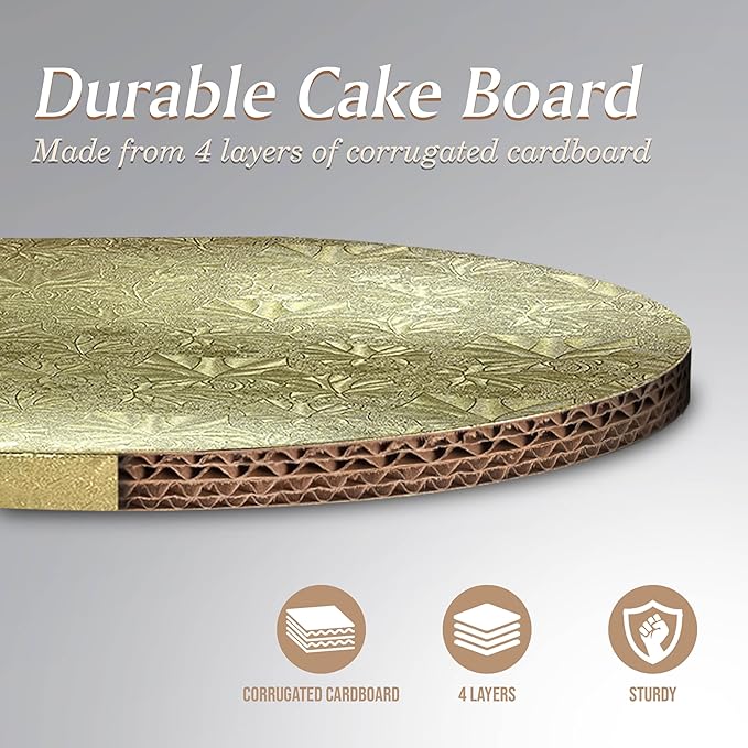 Cakebon Cake Boards - Sturdy 1/2 Inch Thick Drums - 8 Inch Professional Smooth Straight Edges Gold 3-Pack
