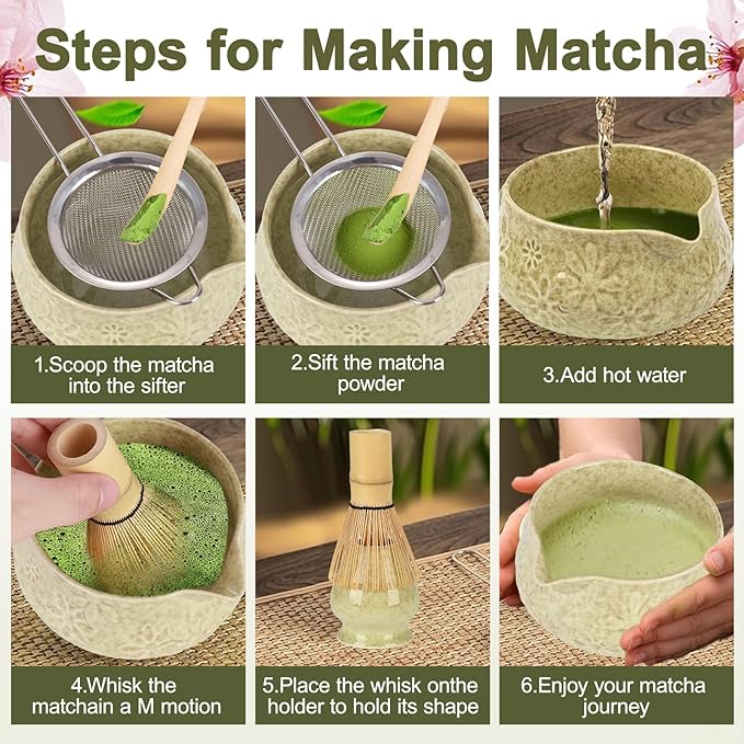 Matcha Whisk Set, 7 Pcs Matcha Kit Includes Matcha Bowl, Whisk and Holder, Bamboo Scoop, Scoop Rest, Sifter and Tea Towel, Gift for Matcha Lover (Mottled Green)