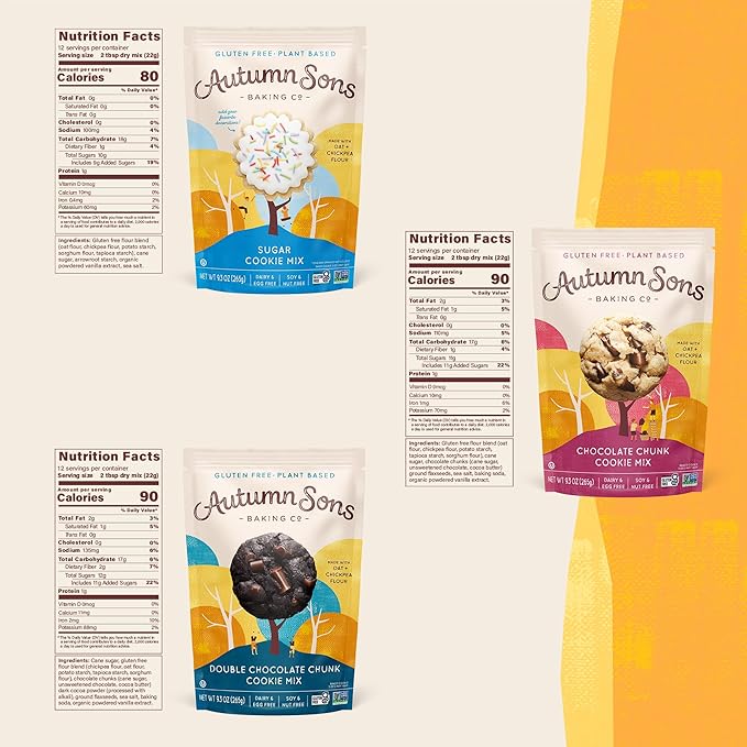Autumn Sons Baking Co. Gluten Free Cookie Mix Variety Pack. Sugar Cookie, Chocolate Chunk & Double Chocolate Chunk. Vegan Plant Based Baking Mix. Top 9 Allergen Free. 9.3 oz (Pack of 3)