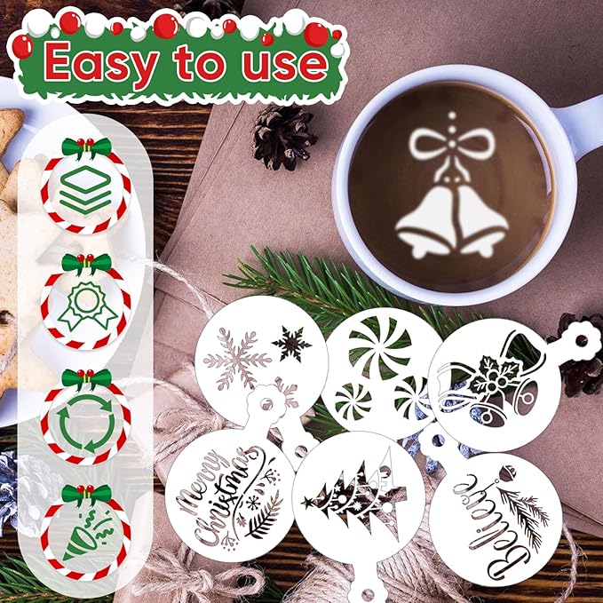 56 Pcs Christmas Stencils for Cookie & Cake Decorating, Reusable Holiday Baking Templates for Royal Icing, Coffee, Cupcake & Dessert Decoration Supplies (Christmas)
