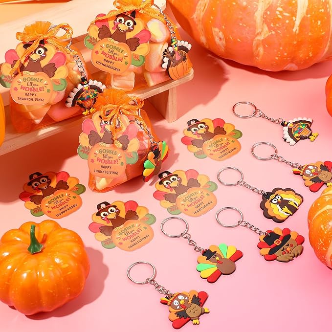 72 Pcs Thanksgiving Gifts for Students 24 Set Friendsgiving Goodie Bags Turkey Keychain Gifts & Organza Bags & Card for Students Key Chain Classroom Reward Gift Party Goodie Bag Stuffers Gift
