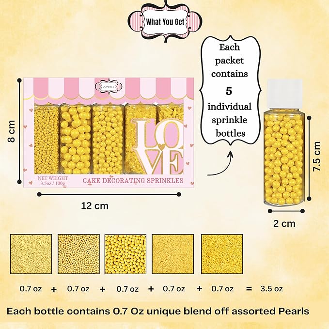 Confect Yellow Sprinkles | Sprinkle for Cakes & Cupcakes Decoration | Galaxy Sprinkles | Assorted Pack of 5 Summer Break Party Celebration Mix Dragees, Jimmies & Sparkling Sugar | Vegan, Gluten-Free, Soy-Free, Dairy-Free, Palm Oil-Free- 5 Oz