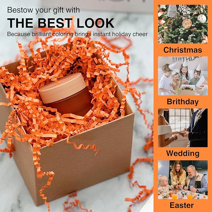 2LB Crinkl Paper Shred Filler for Bag Gift Box Basket Confetti Paper Shreded Stuffing Decoration for on Halloween Day (Orange)