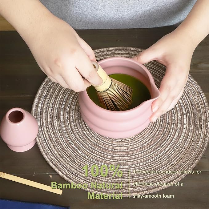 Pink Matcha Whisk Set, Ceramic Matcha Kit Set Includes Matcha Bowl, Matcha Whisk and Holder, Bamboo Scoop, Scoop Rest, Sifter and Tea Towel - 7 Pcs Matcha Kit for Matcha Lovers
