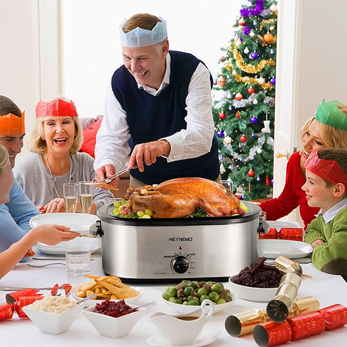 18 Quart Roaster Oven with Self-Basting Lid, Electric Turkey Roaster Oven with Defrost & Warm Function, Adjustable Temperature, Removable Pan Rack, Stainless Steel, Silver