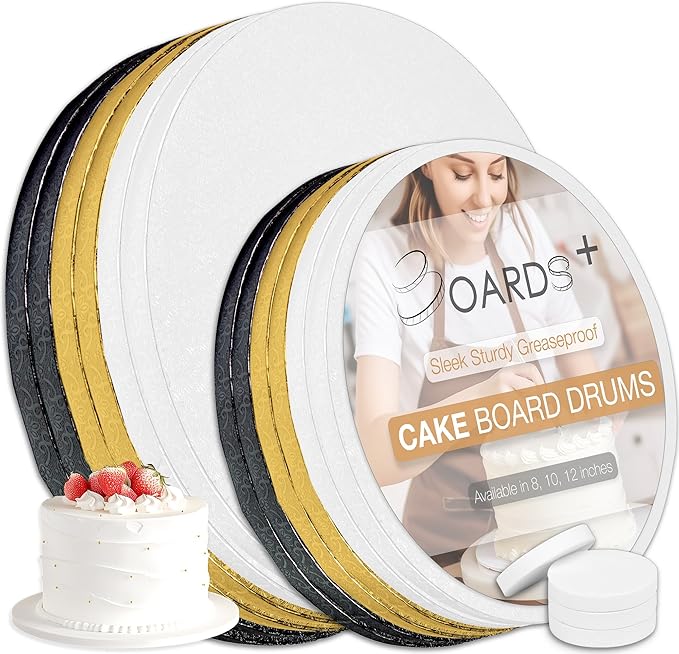 BOARDS+ 12 Pack Cake Drums 10 & 12 Inch in White, Gold & Black Color | 1/2" Thick CakeBoard Circle Rounds + Free Prop Up Tools | Fully Greaseproof, Sturdy for Heavy/Tiered Cakes
