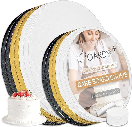 BOARDS+ 12 Pack Cake Drums 10 & 12 Inch in White, Gold & Black Color | 1/2" Thick CakeBoard Circle Rounds + Free Prop Up Tools | Fully Greaseproof, Sturdy for Heavy/Tiered Cakes