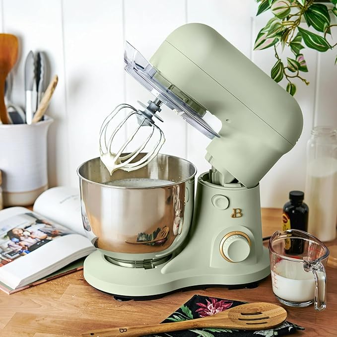 Beautiful 3.5 Qt Tilt-Head Stand Mixer | 12-Speed 300 W Motor | Stainless Bowl Beater, Dough Hook & Whisk by Drew Barrymore (Sage Green)