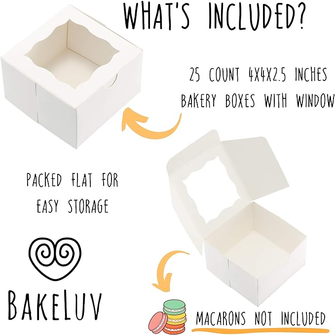 BAKELUV 25pcs White Small Cookie Boxes with Window, 4x4x2.5 Inches Bakery Boxes, Mini Cake, Treats, Macaron Packaging, Individual Cupcake, Gift Giving