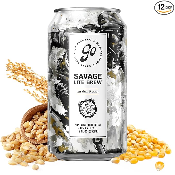 Go Brewing Non-Alcoholic Beer - Small Batch, Low-Calorie Brew - Light, Crisp, and Refreshing Flavor Profile - Bold & Smooth Finish Craft Beer - Classic Ingredients - Savage Lite Brew (12 Oz, 12 Cans)