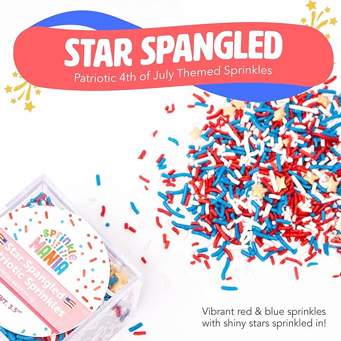 Decorative 4th of July Sprinkles - Our Red, White, Blue & Gold Patriotic Sprinkles for Cake Decorating Are Proudly Made in the USA - Our 4th of July Treats are Red 3 Free (Stars & Stripes, 3.5oz)