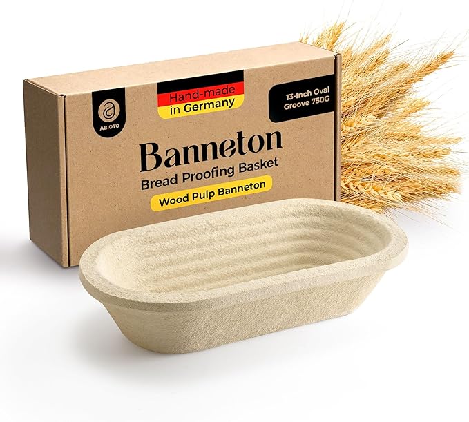 13" Oval Wood Pulp Banneton Bread Proofing Basket – 1.5LB Brotform, Grooved Pattern– Non-Stick Natural Wood Pulp Pressed for Durability– Made in Germany Proofing Basket for Sourdough Bread Baking