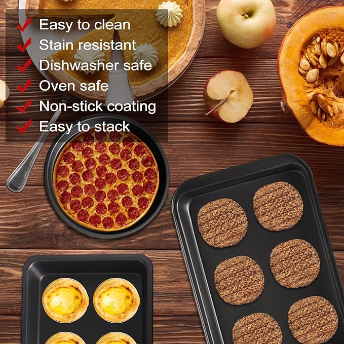 5-Piece Kitchen Non-Stick Baking Pan Set, Including Round/Square Cake Pan, Muffin Pan, Bread Pan, Baking Pan, and Baking Sheet, Durable and Scratch-Resistant Baking Set, Black