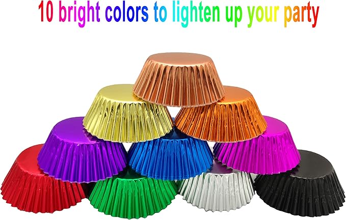 Standard Metallic Foil Cupcake Liners Paper Baking Cups in Assorted 10 Bright Colors, 200-Count