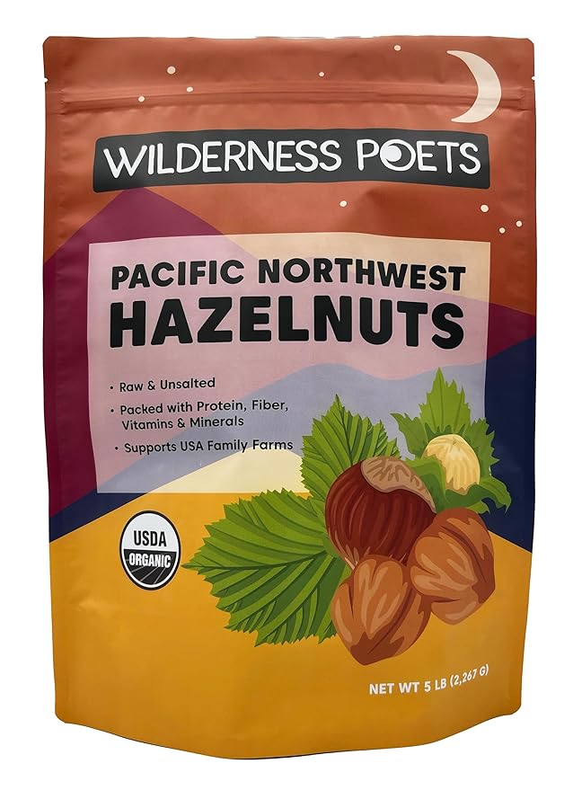 Wilderness Poets, Organic, Pacific Northwest-Grown Hazelnuts - Raw, Whole Nuts with Skins, No Shells. Bulk Size (80 Ounce - 5 Pound)