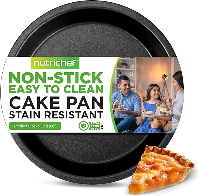 NutriChef 9-Inch Round Cake Pan - Nonstick Carbon Steel Baking Pan w/ Even Heating for Uniform Baking - Dishwasher Safe Bakeware, Black