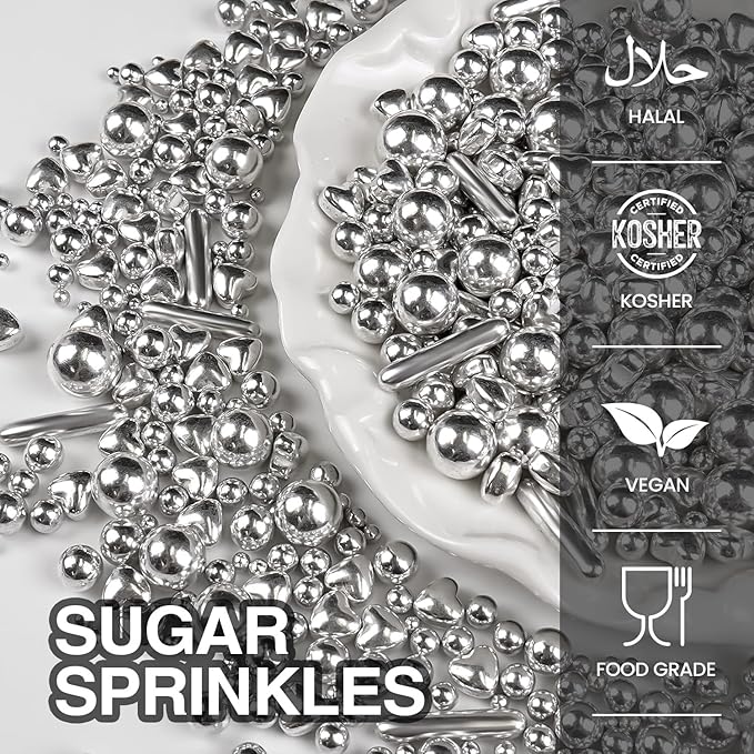 Silver Pearl Rods Heart Christmas Sprinkles, Baking Sugar, Silver Sprinkles for Cake, Mix Size, Cupcake Decoration, Holiday, Wedding Party Supplies, Foodgrade Decorating