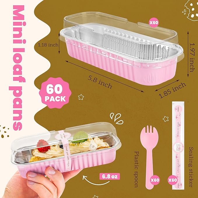 Mini Loaf Pans with Lids and Spoons Rectangular Aluminum Foil Baking Pans Mini Cheesecake Containers 6.8oz(60 Pack, Pink)