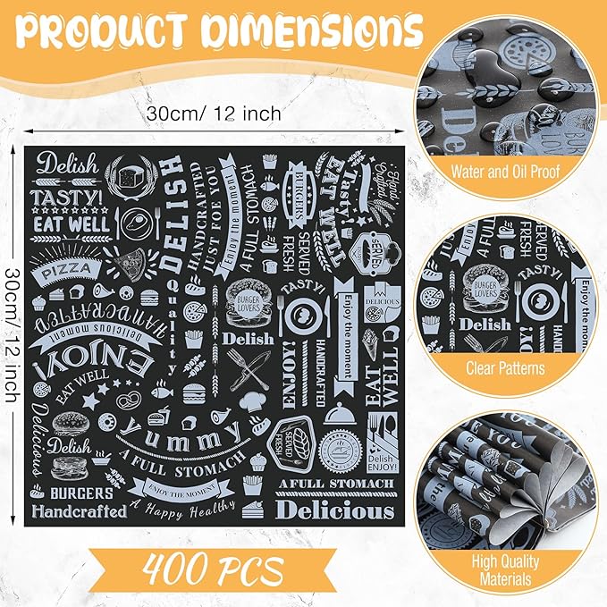 Marspark 400 Pcs Deli Wax Paper Sheets 12 x 12 Inches Square Grease Resistant Tray Basket Liners Hot Dog Wrappers Newsprint Water and Grease Proof Sandwich Wrapping Paper for Food Baking (Black White)