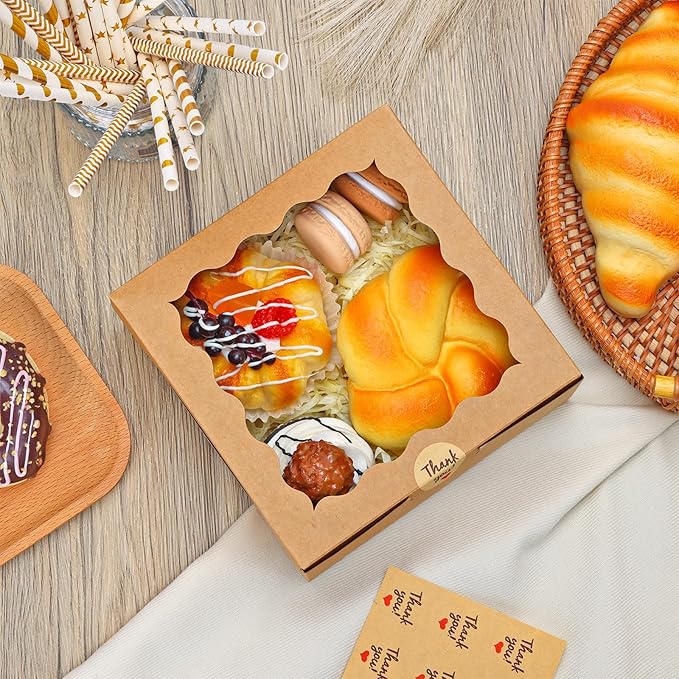 Moretoes 15pcs Cookie Boxes with Window, 6x6x3in Brown Bakery Boxes for Treats, Small Cake, Desserts, Donuts, Pastry