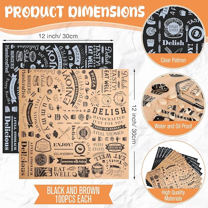 Marspark Deli Wax Paper Sheets 12 x 12 Inches Square Grease Resistant Tray Basket Liners Hot Dog Wrappers Newsprint Water and Grease Proof Sandwich Wrapping for Food Baking (Brown Black White,200 Pcs)