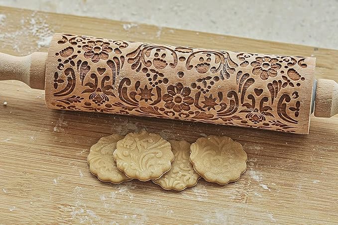 Christmas Wooden Embossing Rolling Pin - Engraved Snowflake Flower Design, Cookie Stamps Roller for Embossed Cookies, Cute Kitchen Decor DIY Baking Tool for Kids and Adults (Flower Plant)