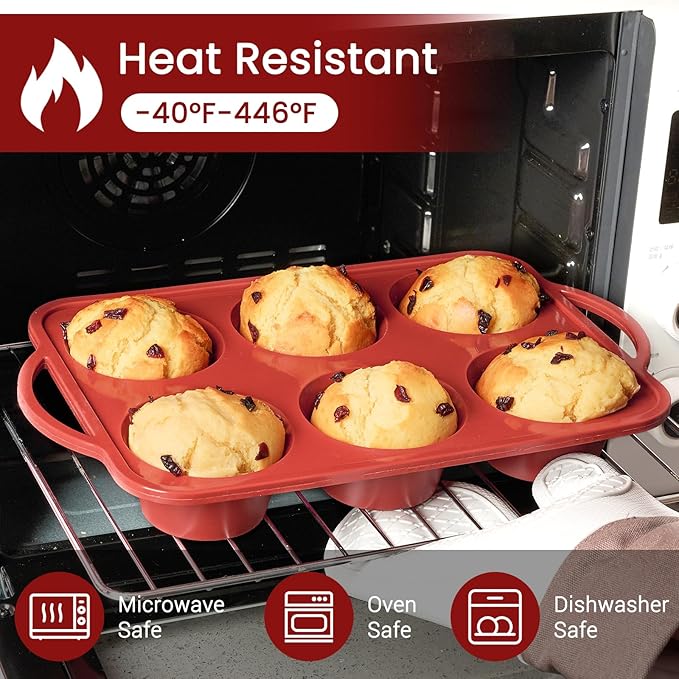 JOERSH 2 Pack Jumbo Muffin Pan with Metal Frame, 6 Cup Large Cupcake Mold with Handles, Non-Stick Silicone Baking Tray for Jumbo Muffin, Cupcake, Egg Bite