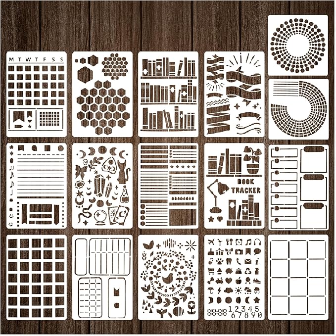 16 Pieces Journal Stencils for Dotted Journals Supplies, Happy Planner Stencils for Journaling DIY Drawing Templates Accessories Kit for Notebook Cards Scrapbook (16 Journal)