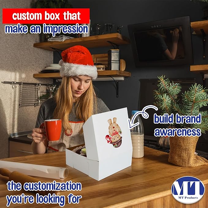 MT Products Custom Printed Bakery Boxes - 12" x 12" x 5" White Customizable Cake, Cookie and Pie Boxes with Logo - Made in the USA