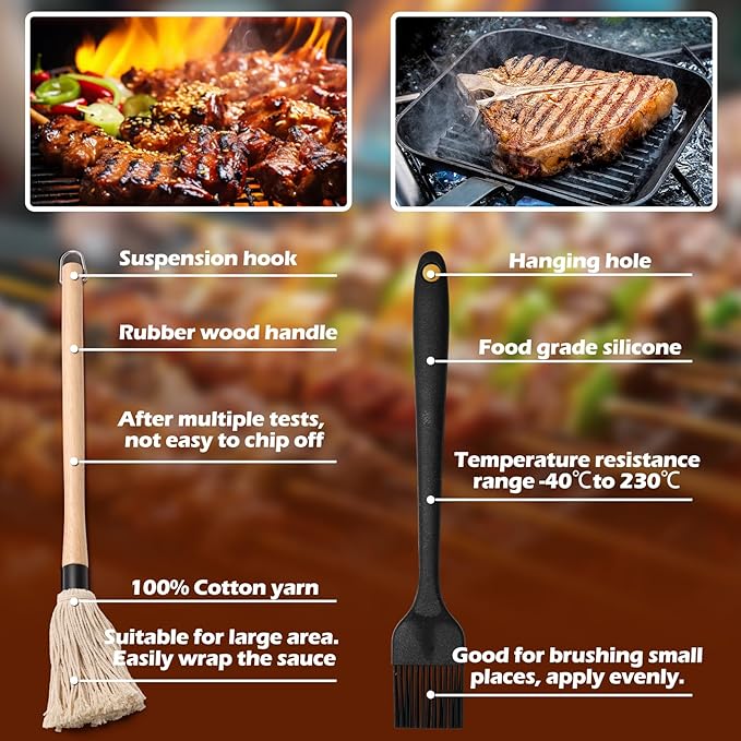 BBQ Mop Brushes for Sauce and Cast Iron Sauce Pot for Grilling, 2PCS Wooden Handle Mop Brushes 18+11 Inch with 4PCS Replacement Silicone BBQ Basting Brush for Cooking Grill Spatula