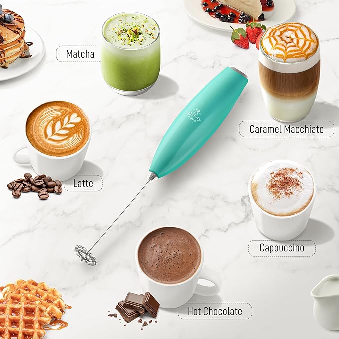Zulay Kitchen Handheld Milk Frother with Duracell AA Batteries – Ultra Fast Electric Mixer & Foam Maker, Easy-Clean Drink Mixer for Coffee & More - Caribbean Aqua 2B