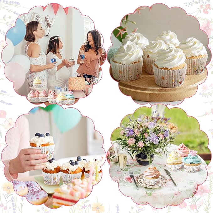 Vesici 300 Counts Wildflower Mini Cupcake Liners Disposable Cupcake Cups Wildflower Paper Baking Cups Wrappers for Ice Cream Snack Birthday Baking Baby Shower Celebration Tea Party Supplies