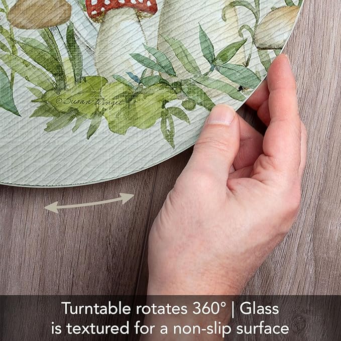 CounterArt Spring Mushrooms 4mm Tempered Glass Lazy Susan Turntable 13" Diameter Condiment Caddy Cake Plate Pizza Server