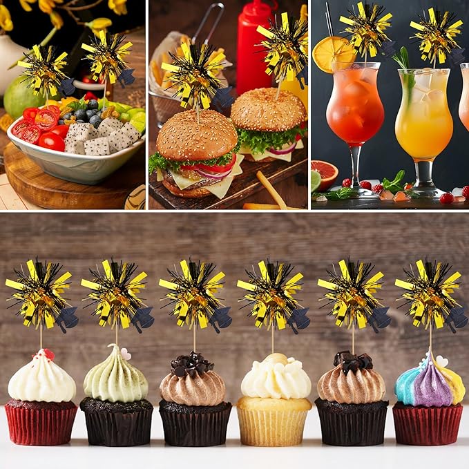 24Pcs Graduation Cupcake Toppers,Class of 2025 Foil Firework Cupcake Toppers Tinsel Food/Appetizer Picks For Graduation CupCake Decorations Supplies Favor