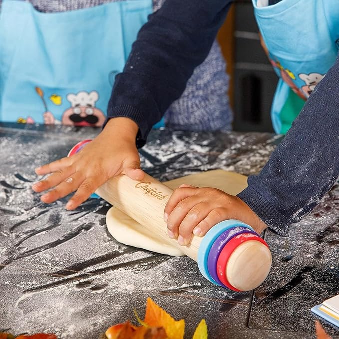 Chefclub Kids Adjustable Wooden Rolling Pin - 3 Removable Silicone Rings - Perfect for Baking & Pastry, Pizza, Pie, Cookie Dough - Precision Baking Tool for Kids