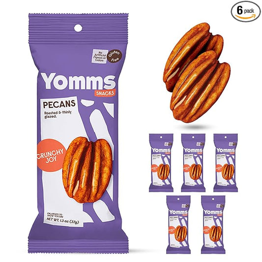 Yomms Crunchy Joy Pecans Halves – Low Sugar Healthy Dessert Snack | Sweet Coconut & Crunchy Pecan Snack | Lightly Sweetened, Honey Roasted Mixed Nuts | Great for Snacking, Salads - 1.3oz - Pack of 6
