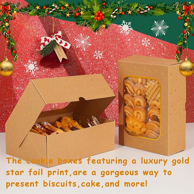 12pcs Gold Star Cookie Boxes, Brown Bakery Boxes with Window 8.25x6x2.75in Gold Foil Star Treat Cake Boxes for Gift Giving Pastry Dessert Cupcakes Candy Donut Packaging (KRAFT PAPER, 12)